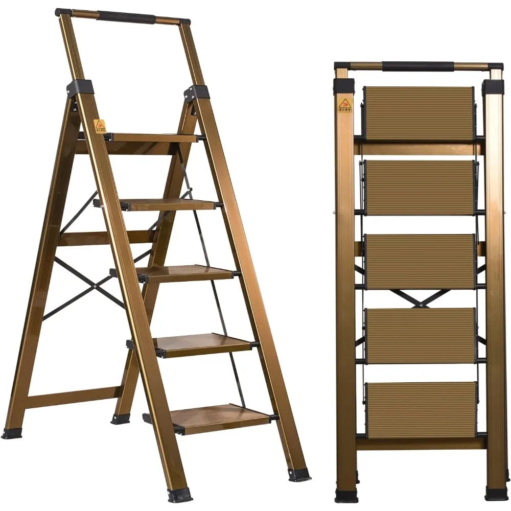 5 step ladder, aluminum 5 step stool with retractable handrail and anti-slip wide pedal, folding stool ladders 5 steps, 330lbs