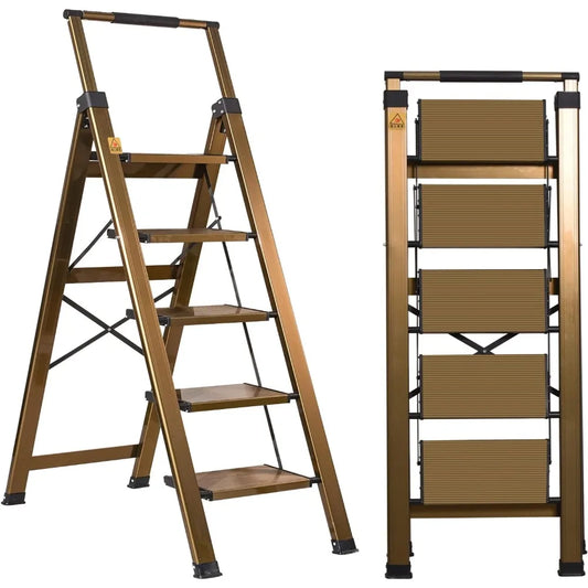 5 step ladder, aluminum 5 step stool with retractable handrail and anti-slip wide pedal, folding stool ladders 5 steps, 330lbs