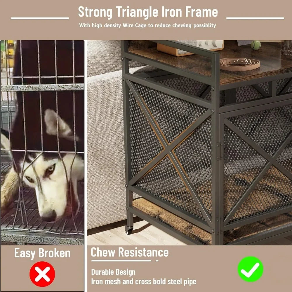 Large Dog Crate Furniture, 48 Inch Heavy Duty Dog Kennel for Large Breeds, Wooden Dogs Cage with Wheels,