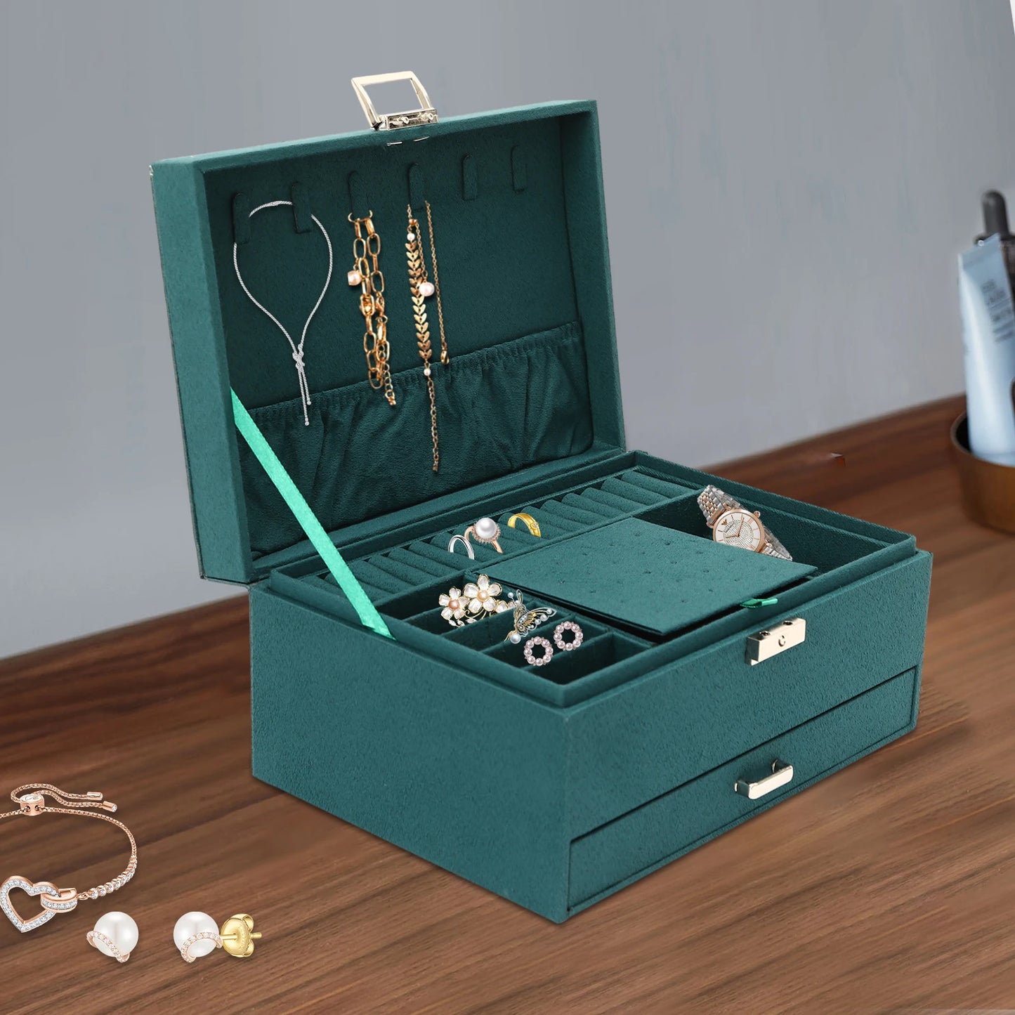 Jewellery Box Organiser, 3 Layers Jewelry Boxes for Women Girls, Large Jewelry Storage Case Drawer Cabinet Necklace Organizer