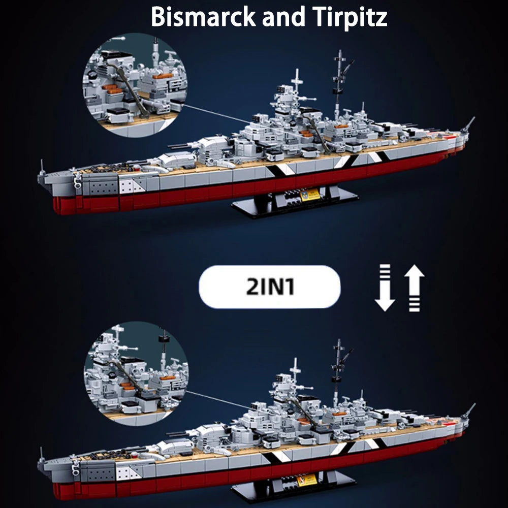 2 IN 1 KMS Bismarck Battleship Building Blocks WW2 Military Navy Warships Model Bricks Toy For Kids Birthday Gift MOC 1849PCS