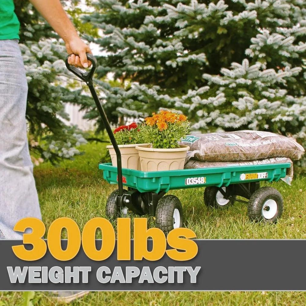 Farm Tuff Durable Plastic Deck Garden Wagon Utility Cart with Pneumatic Tires for Outdoor Hauling, Green, 20" x 38"