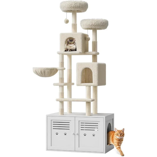 Tall Cat Tree with Litter BoxEnclosure 2-in-1 Modern Large Cat Tower for Indoor Cats with Double Condos/Scratching Posts/Hammock