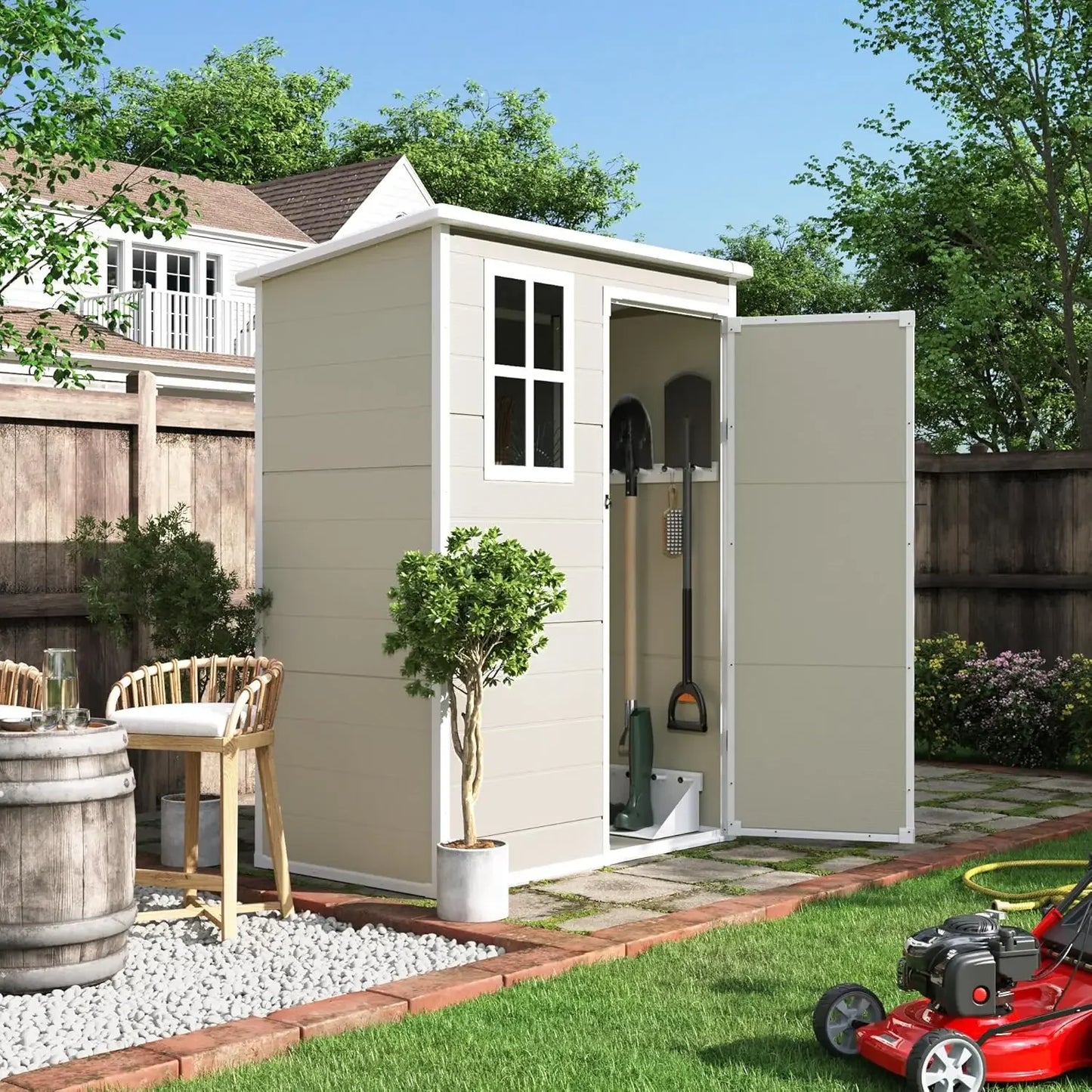 Outdoor Storage Shed 7.5x10.7 FT, Plastic Garden Shed for Bike, Garbage Can, Tool, Outside Sheds & Outdoor Resin Shed with Lock