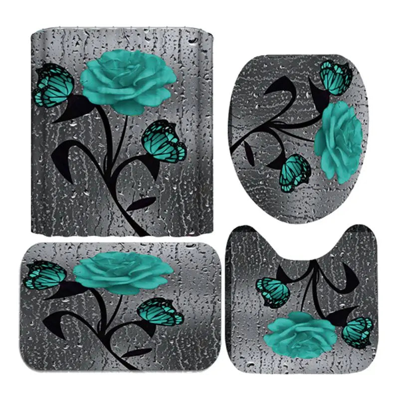 4 Piece Set Doormat Shower Curtain Non Slip Rugs Toilet Seat Cover Bath Carpet Durable Waterproof Bathroom Home Entrance Decor