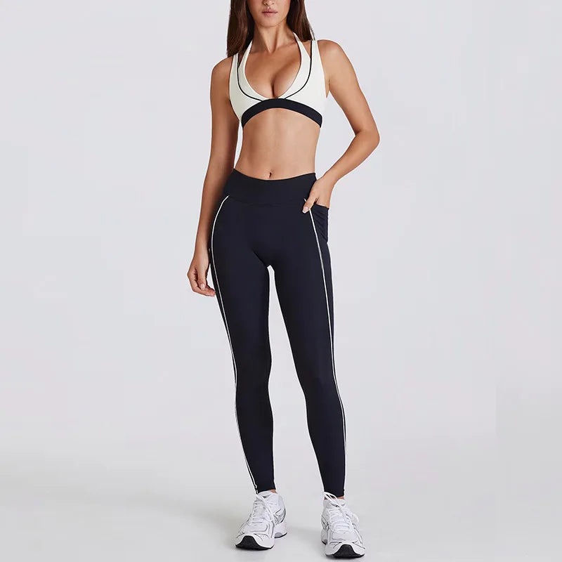 2 Pieces Women's Tracksuit Yoga Set Workout Gym Sportswear High Waist Leggings Fitness Shorts V-neck Halter Bras Sports Suits