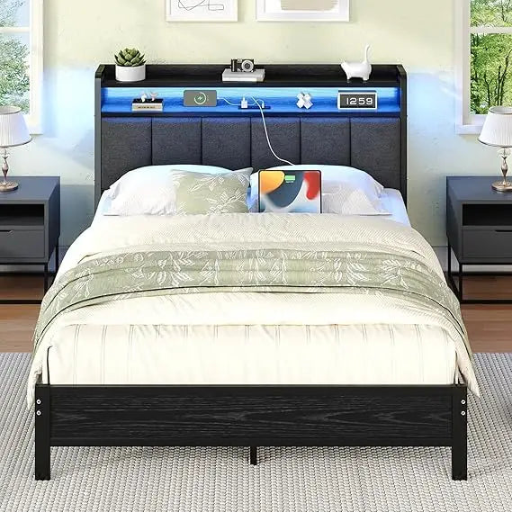 Queen Size Metal Platform Bed Frame with LED Lighting and Charging Station, Upholstered Storage Headboard Included