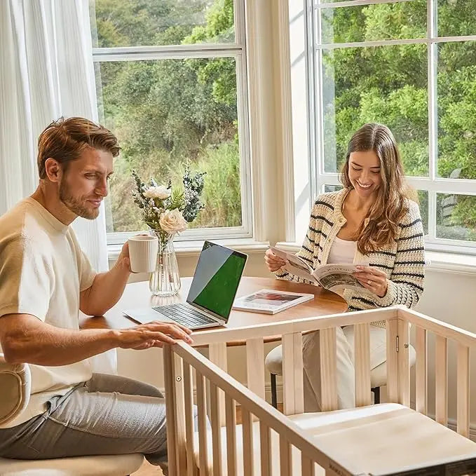 6-in-1 Mini Crib with Removable Wheels & Mattress 4 Adjustable Heights 100% New Zealand Pinewood Washed Natural