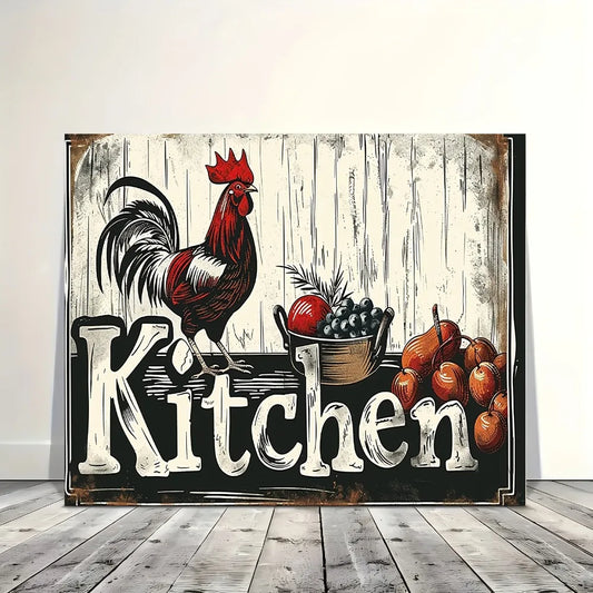 1.5 "chunky wood pine frame, interior art Deco, home decor mural, charming farmhouse kitchen canvas, chicken and food design