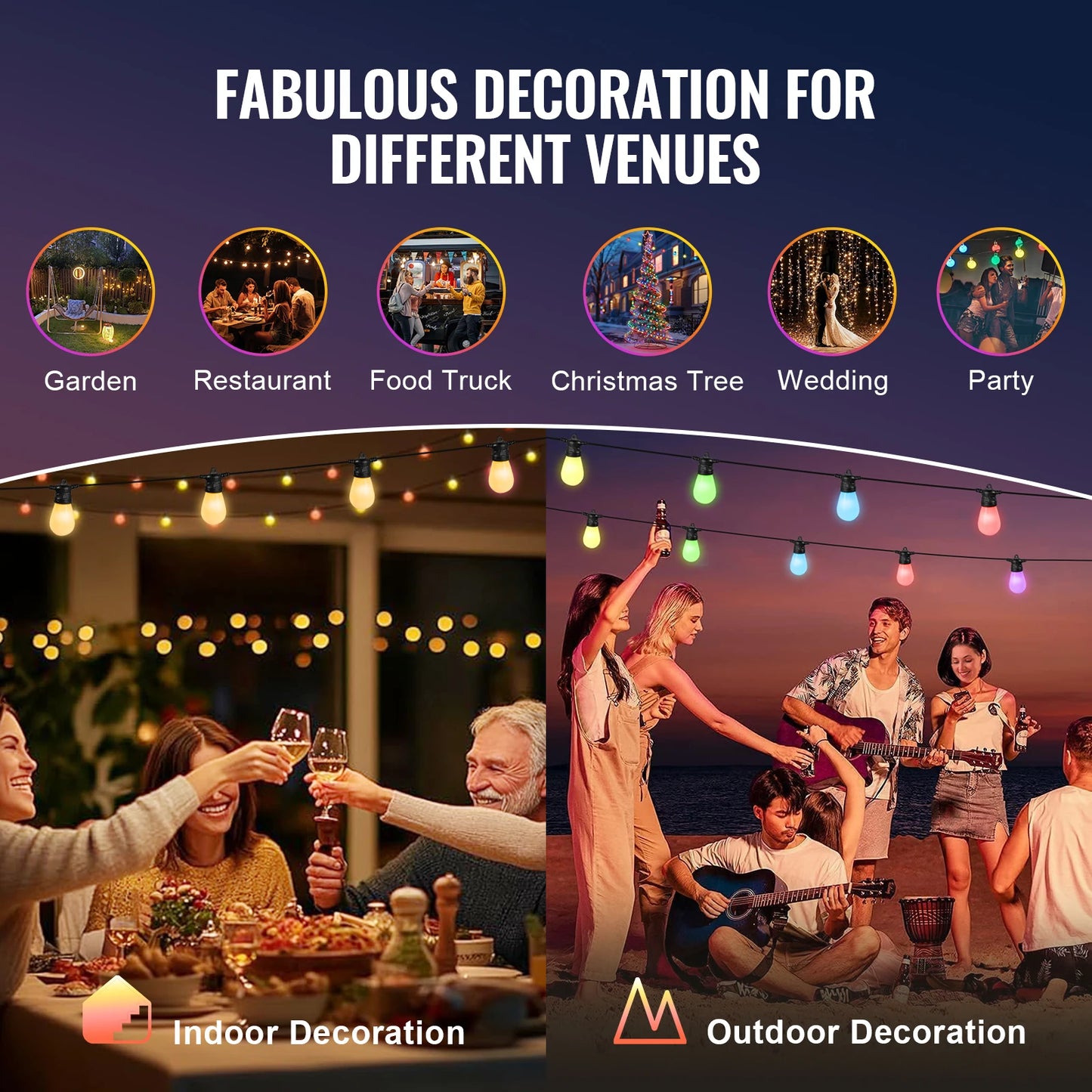 SucceBuy RGB Outdoor String Lights with APP Control 15 Single-Color Adjustable Brightness Time Setting Waterproof Hanging Lights