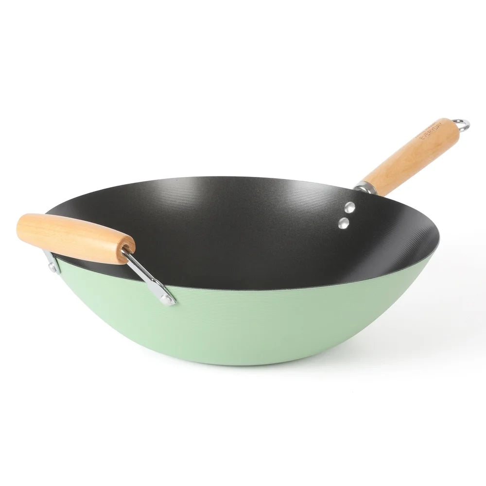 Carbon Steel Wok 14 Inch Nonstick High Heat Cooking Induction Safe Easy Clean Durable Kitchen Essential Cooking Tool