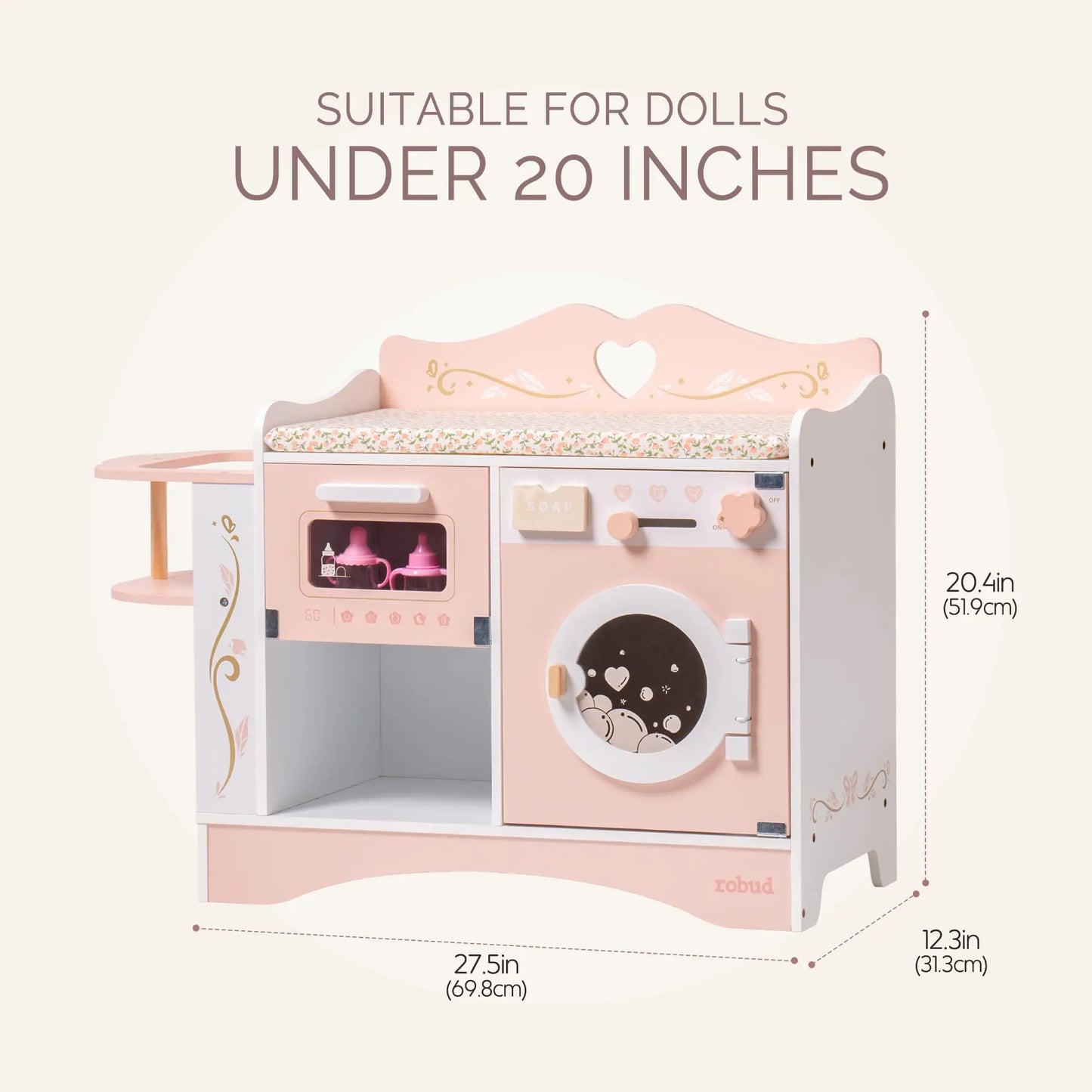 ROBUD Baby Doll Crib, Pink Baby Doll Beds Wooden Doll Changing Station with Seat Doll Accessories of Toy Crib to Kids Age 3+
