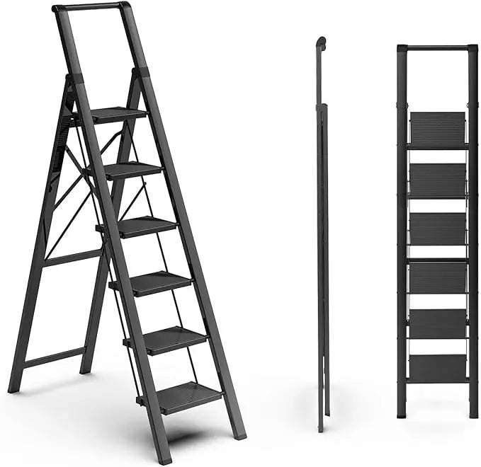 6 Step Ladder for 12 Feet High Ceiling, Folding Step Stool with Handgrip & Anti-Slip Wide Pedal, Portable Lightweight Aluminum S