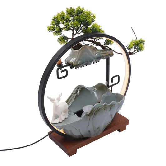 Indoor Ceramic Tabletop Fountain with LED Lights, Mist, Deer & Plants, Waterfall Design for Home, Spa & Yoga Relaxation