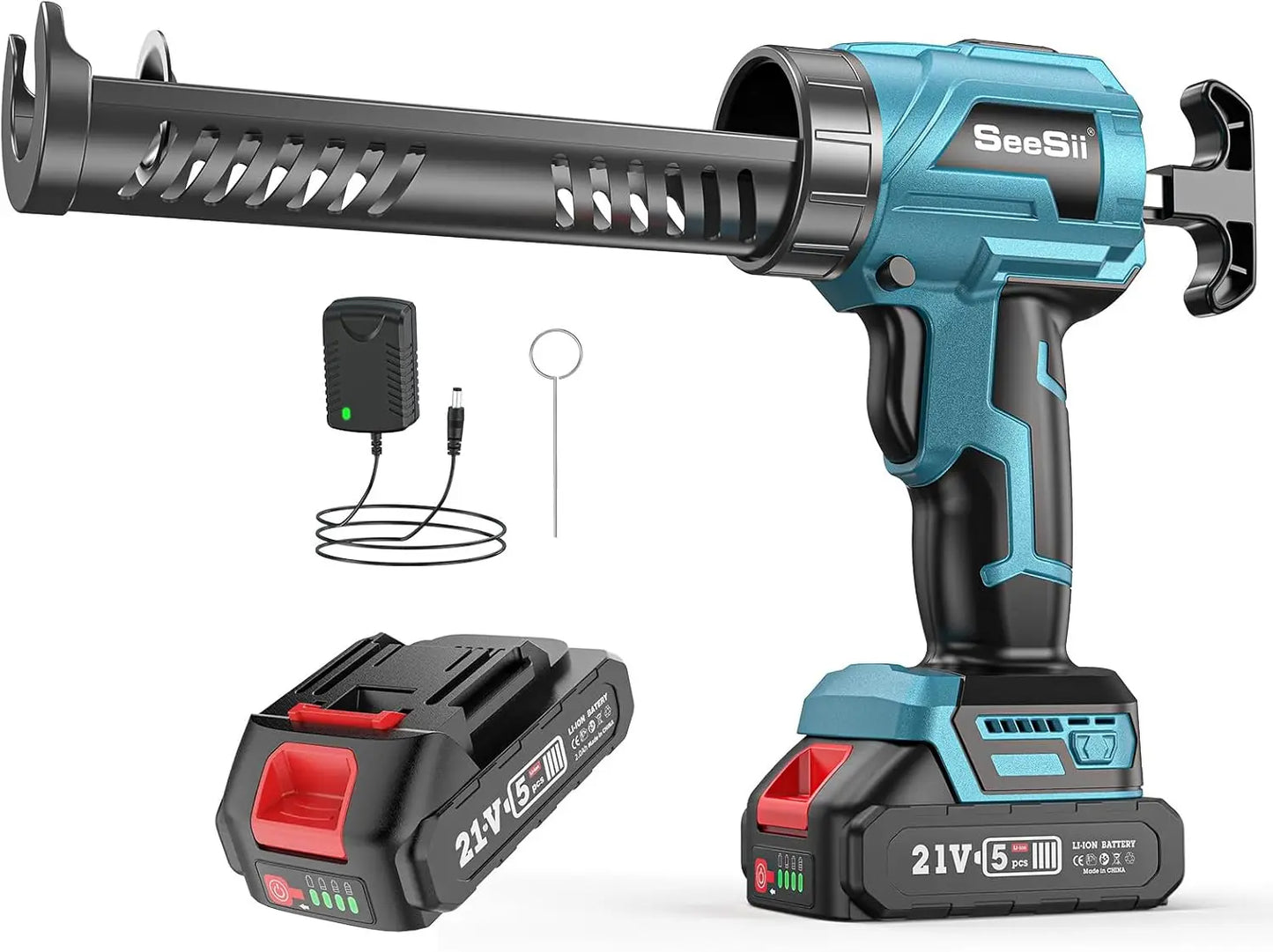 Seesii Cordless Caulking Gun 21V Battery Caulk Gun Electric Glue Gun 4 Speeds Auto Retract, Adhesive Gun Kit for Filling Sealing