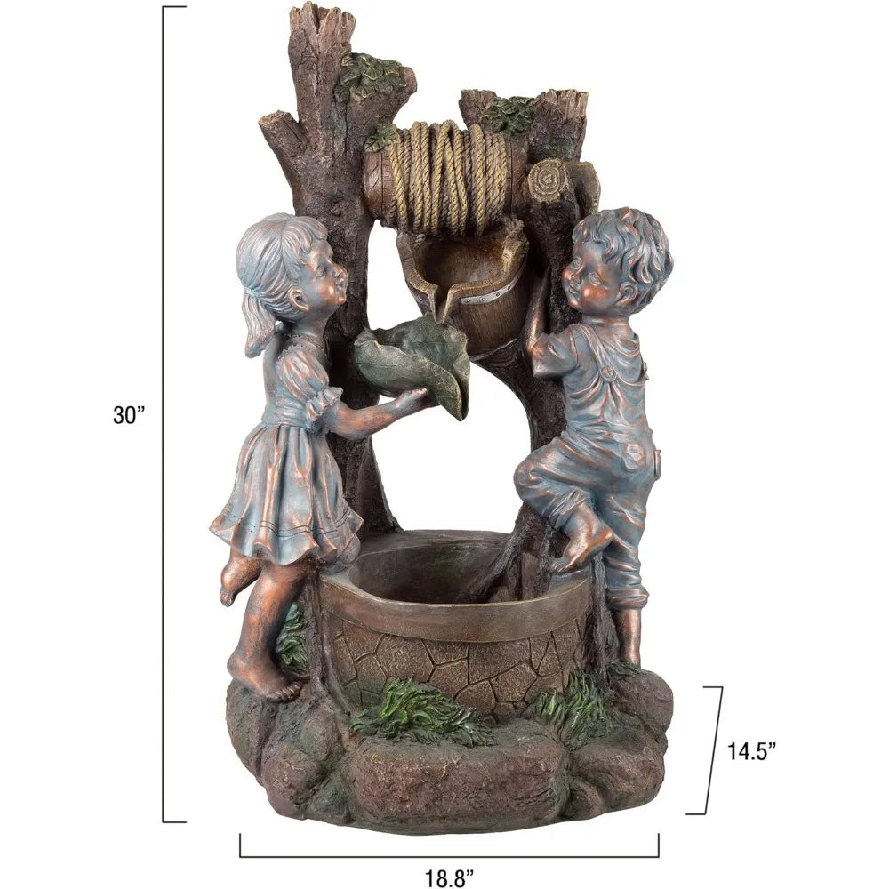 Outdoor Water Feature: Boy and Girl Statue with Cascading Fountain and LED Lighting for Garden or Patio by Pure Gard