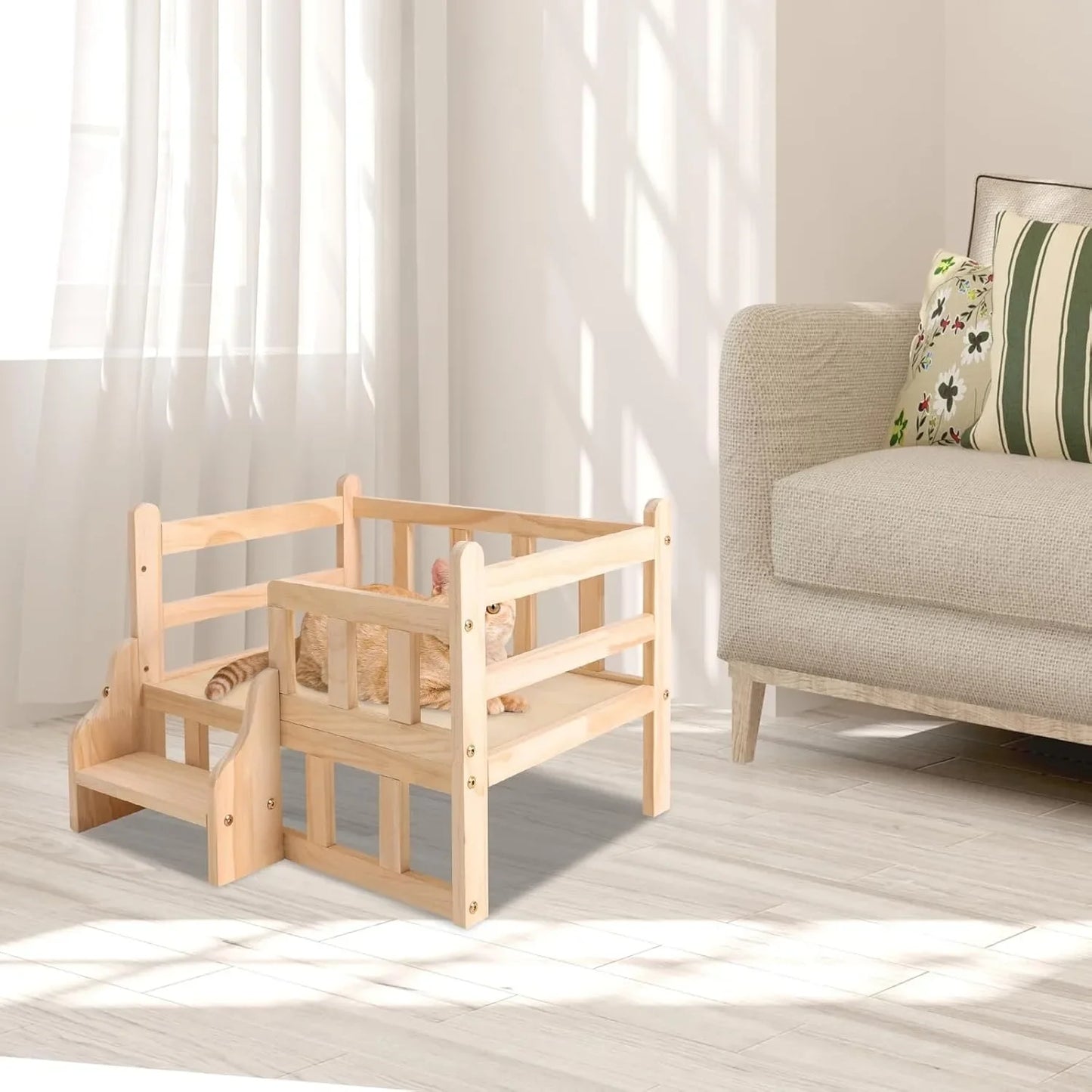 Solid Wood Elevated Pet Bed for Cats & Small Dogs, Natural Pine Wood, Non-Toxic, Easy Assembly, with Safety Fence/Anti-Slip Pads
