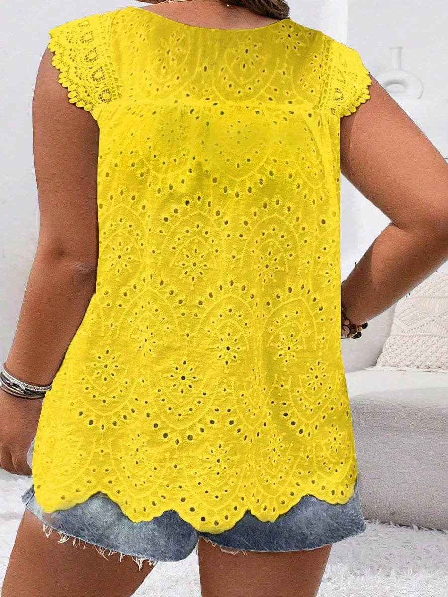 2024 New Fashion Casual Plus Size Shirt Sleeveless Hollow Solid Color Round Neck Lace Simple Versatile Casual T-shirt Top