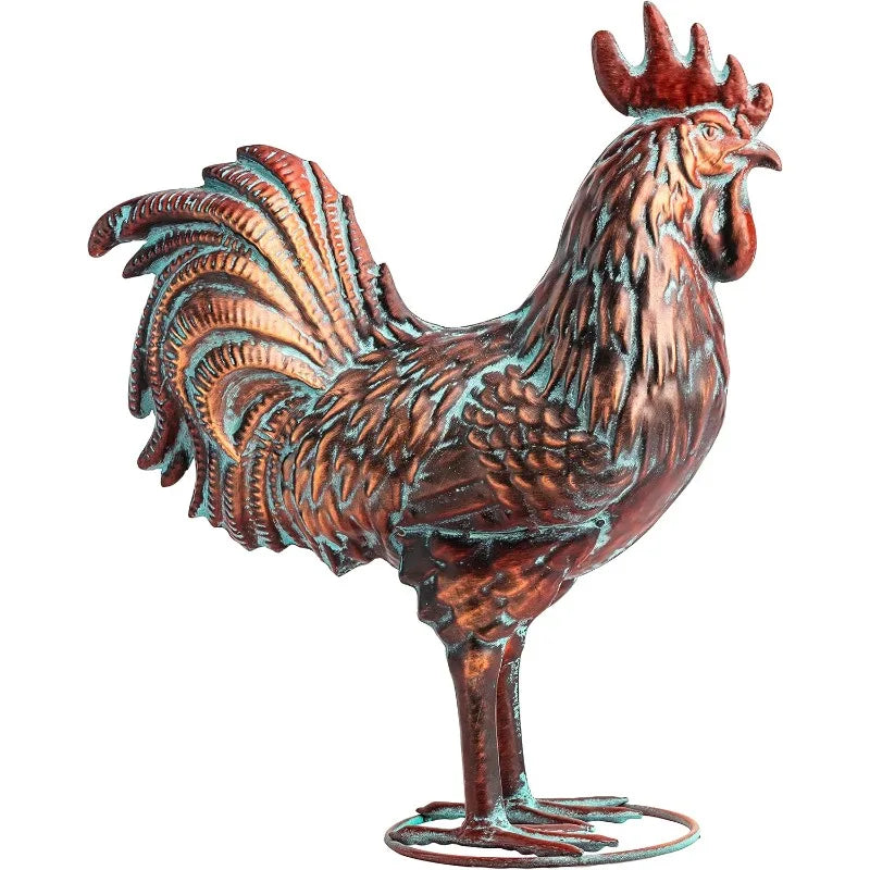Garden Rooster Statues,15.7" L x 18.8" H Outdoor Metal Chicken Figurines,Antique Copper Chicken Sculptures & Statues Ornaments,3