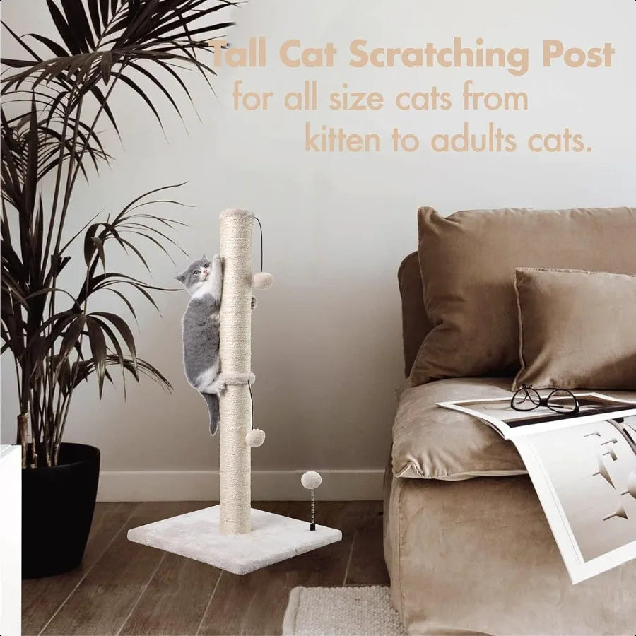 34 Tall Cat Scratching Post Premium Basics Kitten Scratcher Sisal Scratch Posts Trees with Hanging Ball for Indoor Cats Beige