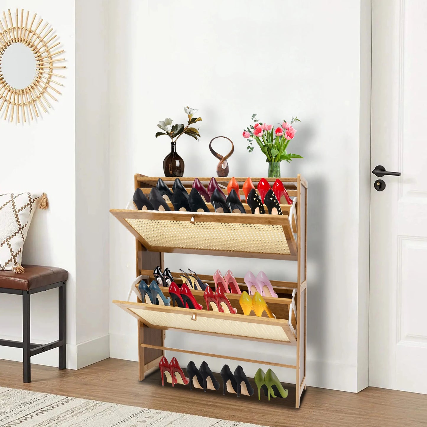 4-tier Rattan Shoe Cabinet Free-standing Shoes Storage Household Space Saving Cabinet for Entryway Hallway W/ 2 Fold-out Doors
