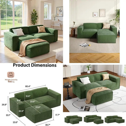 80 Inch Sectional Sofa with L-Shape Chaise, Plush Corduroy Cloud-Like Seating, High-Back Upholstered Living Room Furniture