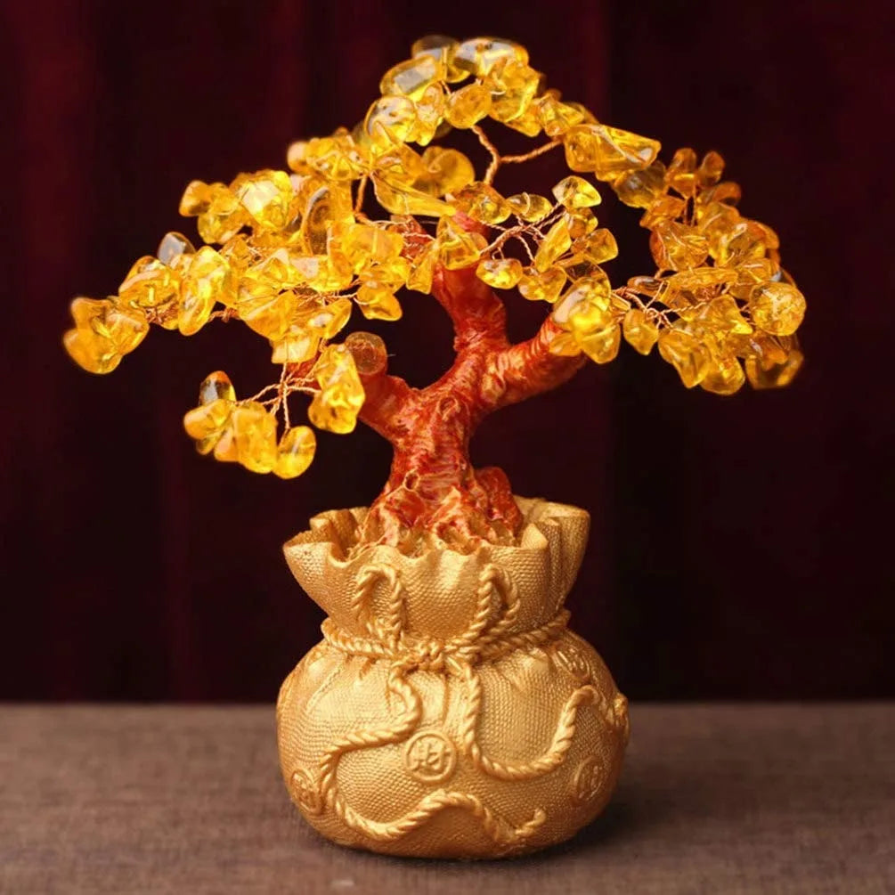 Crystal Money Bag Tree Figurine Yellow Lucky Wealth Tree Lemon Quartz Home Room Decoration Feng Shui Ornaments