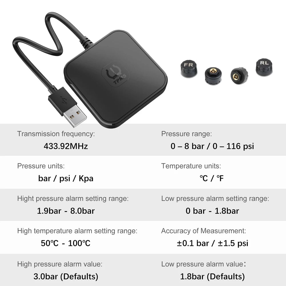 USB TPMS Tire Pressure Monitoring System with 4 External Sensors 0-116PSI Wireless Transmission TPMS for Android Car DVD