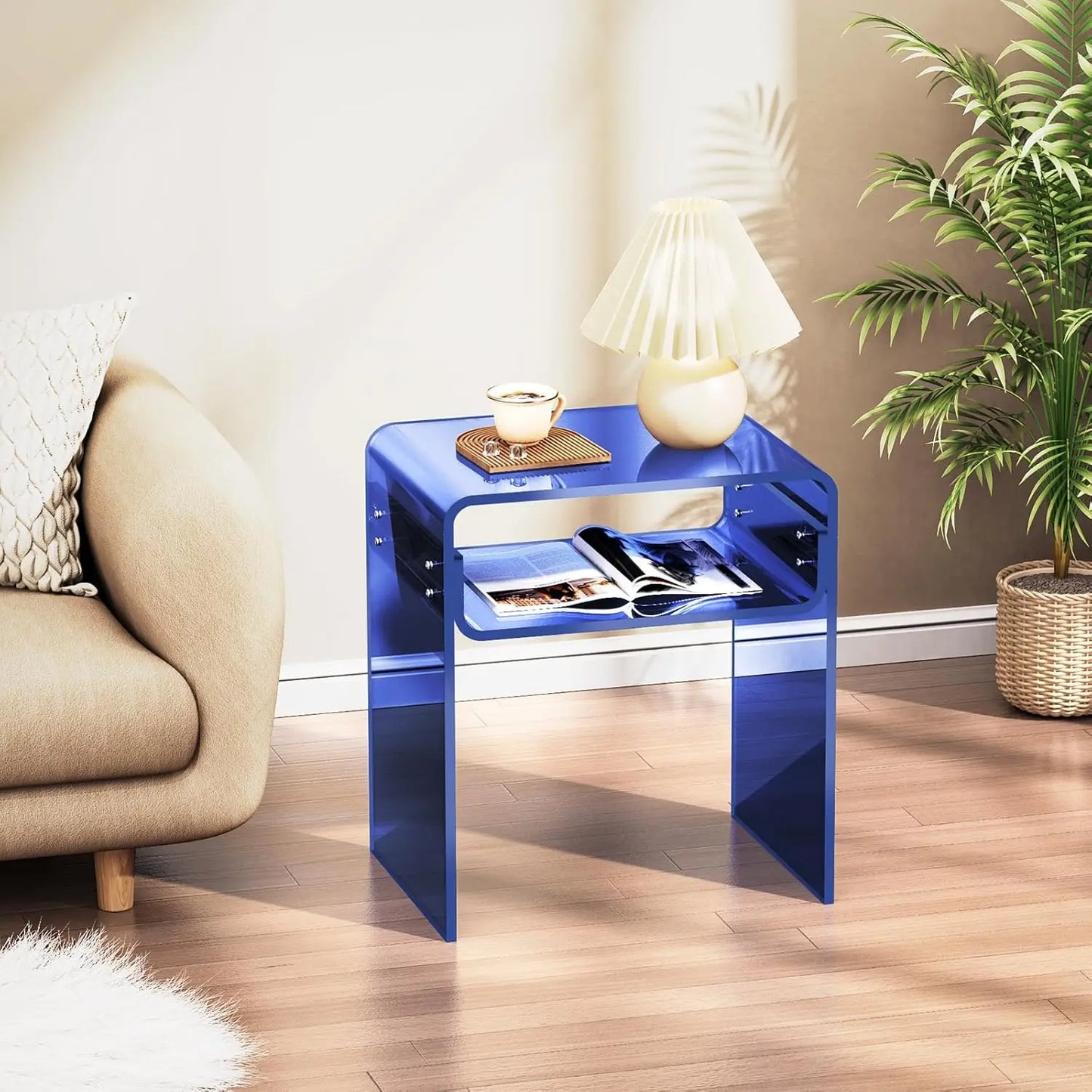 Clear Acrylic End Table 2-Tier Bedside Nightstand for Living Room Bedroom (1, Dark Blue)