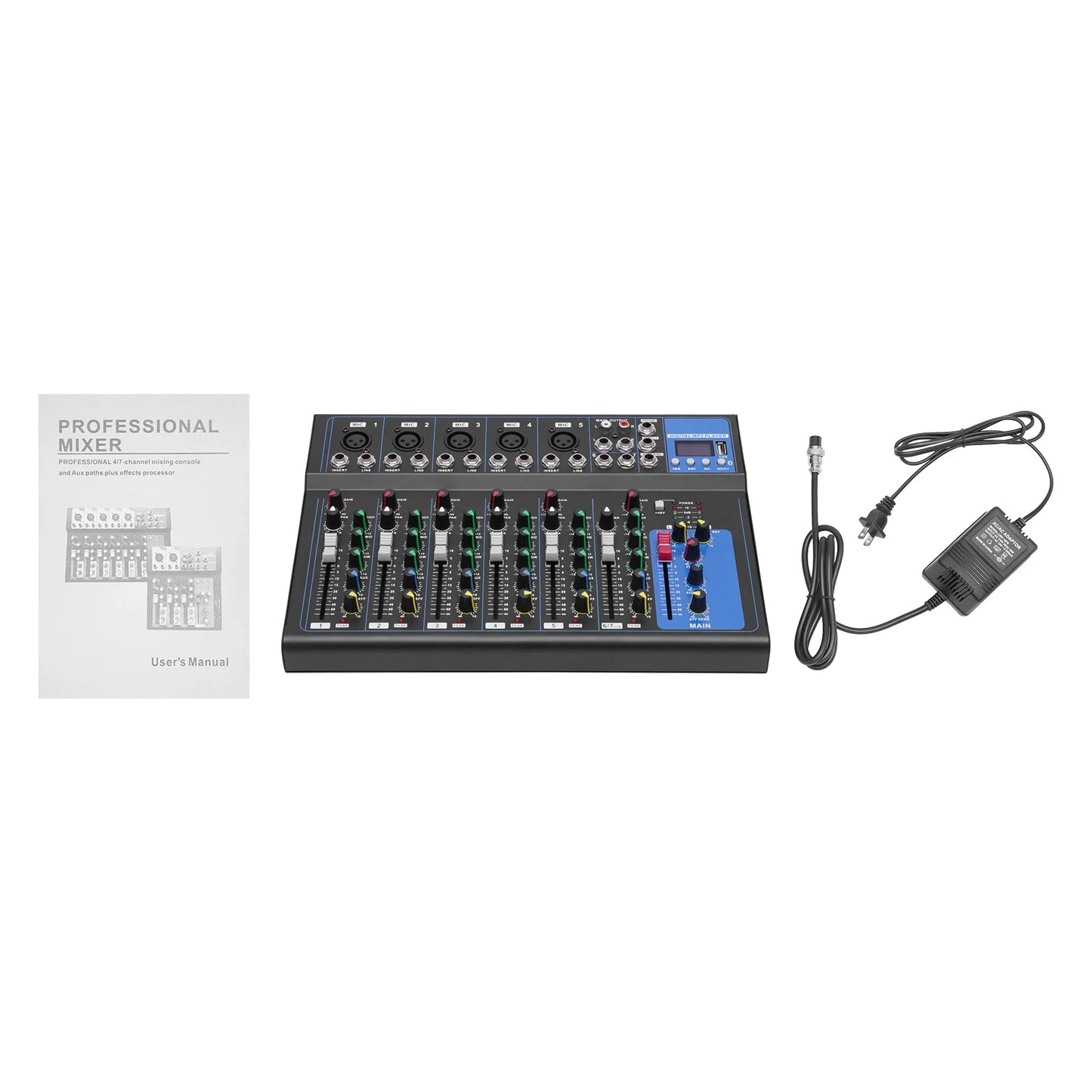 7/8-Channel Professioneller Mixer, Soundboard Konsole with Bluetooth USB PC Recording Input XLR Microphone Jack