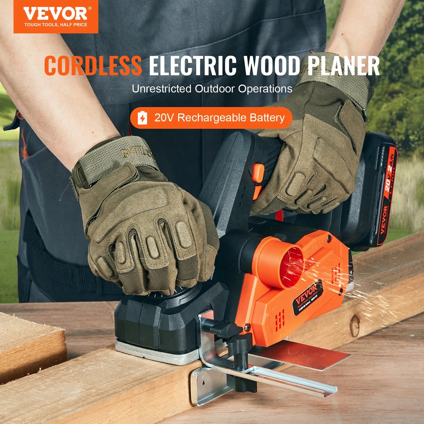 VEVOR Cordless Electric Hand Planer 3-1/4" Width 16000 RPM with Battery 5/64" Adjustable Depth HSS Blades for Woodworking Use