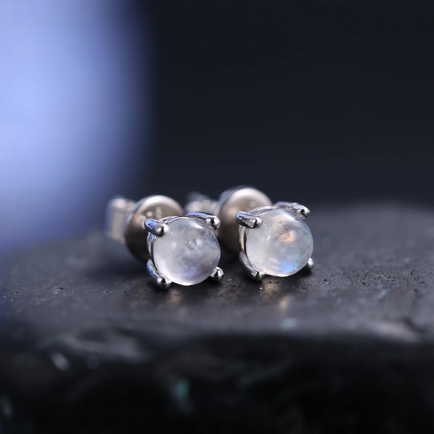 GEM'S BALLET June Birthstone 5mm Natural Milky Blue Moonstone Studs Earrings in 925 Sterling Silver Gemstone Handmade Jewelry
