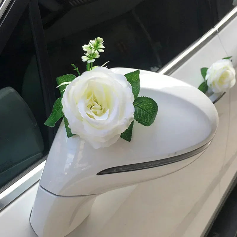 White Rose Artificial Flower for Wedding Car Decoration Bridal Car Decorations Door Handle Ribbons Silk Flower 11pcs Flowers