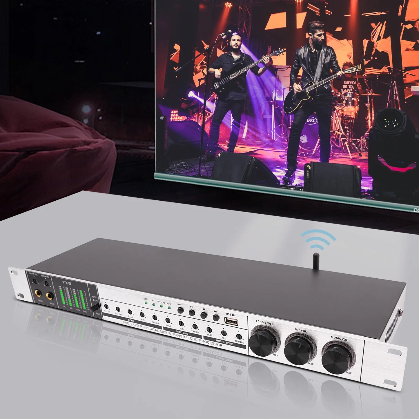 Professional 4-Mic Karaoke Mixer, Non-slip, Ati-howling, Bluetooth & USB & Optical Audio with Anti-Feedback & EQ Controls