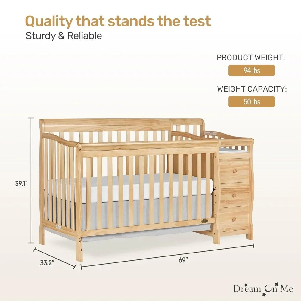 Multifunctional space-saving baby furniture for newborn to toddler with crib, changing table and 3-drawer dresser.