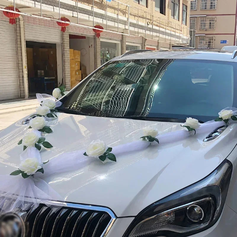 White Rose Artificial Flower for Wedding Car Decoration Bridal Car Decorations Door Handle Ribbons Silk Flower 11pcs Flowers