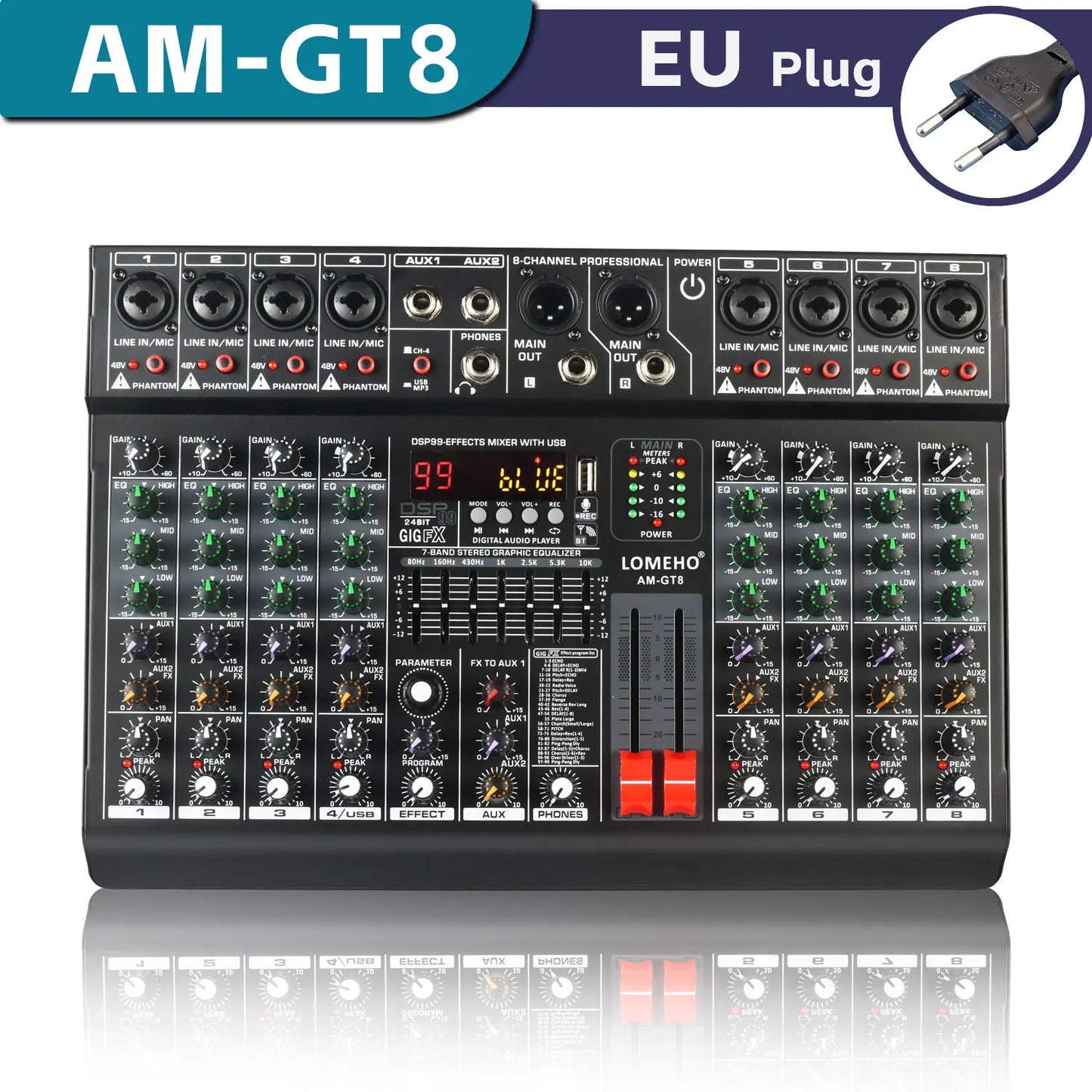 LOMEHO 7 Band EQ Audio Sound Mixer Table 6/8 Channel Mixing DJ Console with USB 2 AUX Output Individual 48V 99 Effect  AM-GT6/8