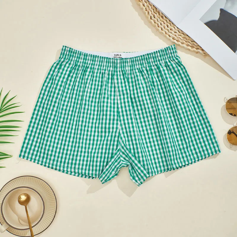 Fashion Pure Cotton Plaid Women's Shorts Casual Underwear Home Use Sexy Slim Fit Wide Leg Pants Breathable Bright Briefs Outdoor