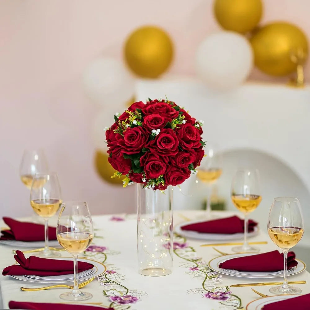 Flower Centerpieces for Tables Wedding: 10 Pcs Crimson Red Artificial Rose Flowers Balls Decoration - Fake Silk Kissing Floral