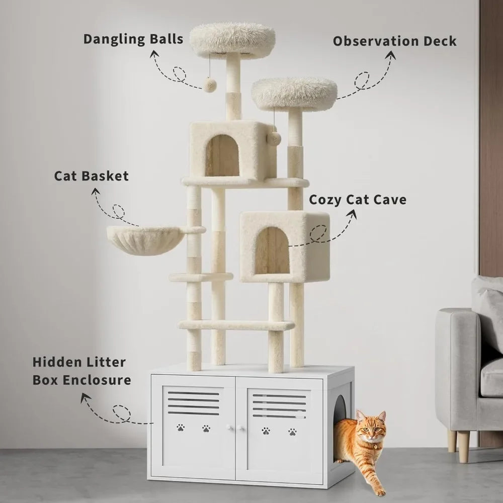 Tall Cat Tree with Litter BoxEnclosure 2-in-1 Modern Large Cat Tower for Indoor Cats with Double Condos/Scratching Posts/Hammock