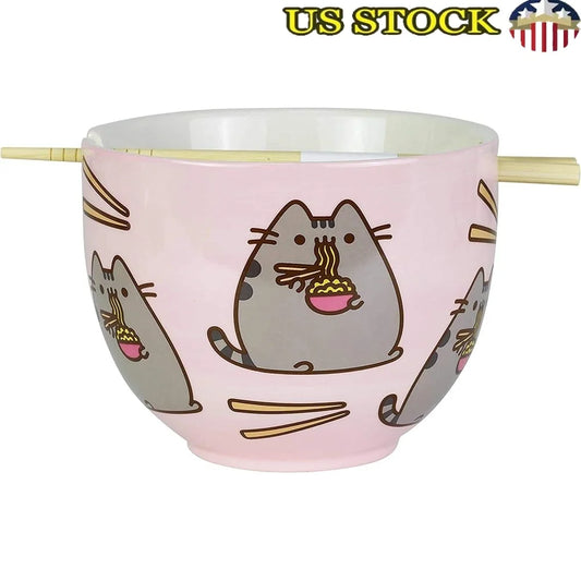 Pusheen Ramen Bowl and Bamboo Chopsticks Set High-Quality Stoneware Kitchen Gift Microwave Dishwasher Safe 18oz Fun Dining