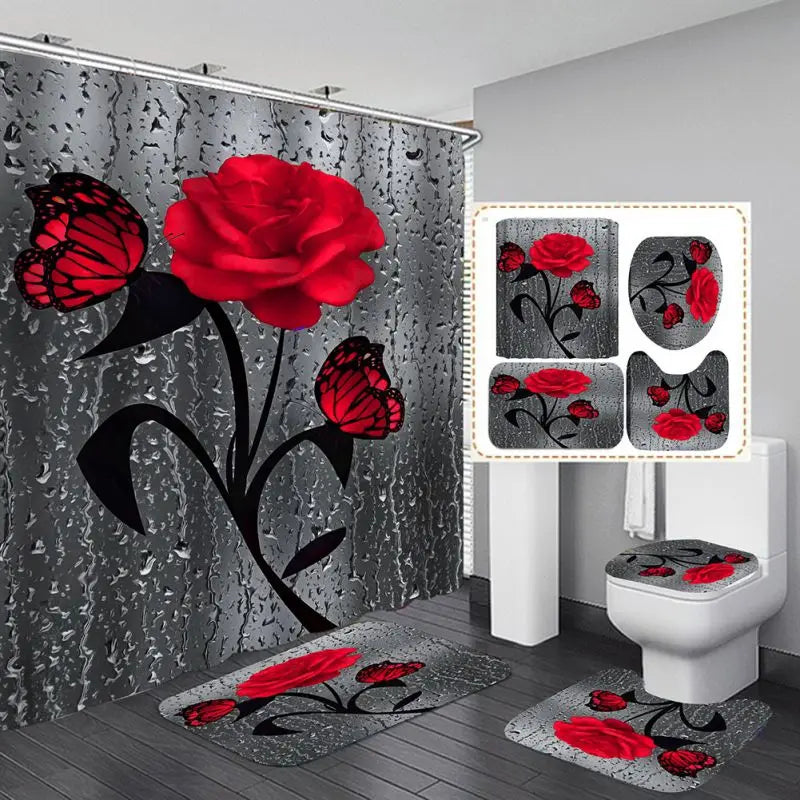 4 Piece Set Doormat Shower Curtain Non Slip Rugs Toilet Seat Cover Bath Carpet Durable Waterproof Bathroom Home Entrance Decor