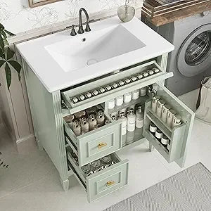 30" Bathroom Vanity with Sink Combo Set, Solid Wood Frame Bathroom Storage Cabinet with 2 Drawers and a Tip-Out Drawer, a Adjus