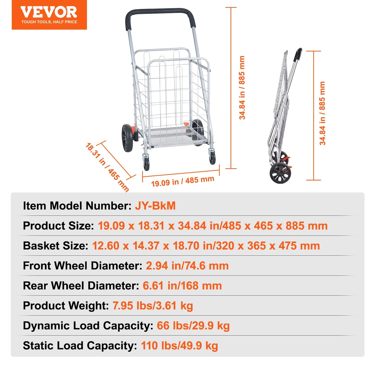 VEVOR Folding Shopping Cart Grocery Utility Trolley with Rolling Swivel Wheels Foldable Laundry Basket for Luggage 66 110 200lbs