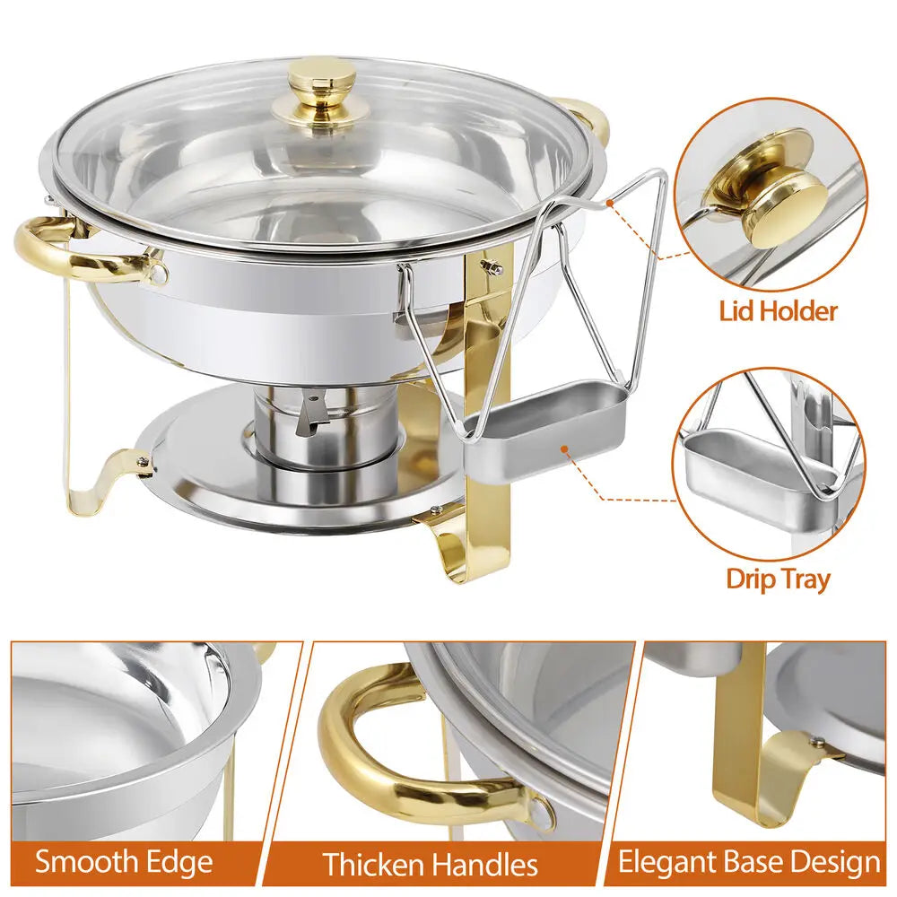 6Pack 5QT Stainless Steel Chafing Dish Buffet Set Round w/Glass Lid Gold