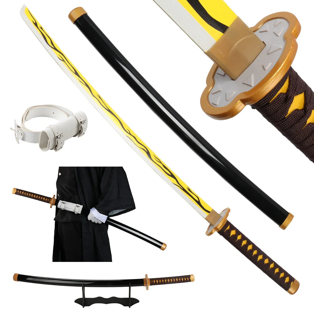 104cm Demon Slayer Katana Sword Kimetsu no Yaiba Wooden Cosplay Anime Weapon Sword Toy Katanas with Display Stand and Belt