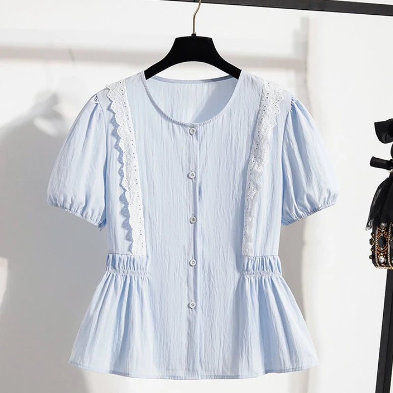 Plus Size Women's Shirts Summer 2025 French Style Sweet Lace Border Thin Top Waist Cinched Short Sleeved Doll Shirt Casual Tops