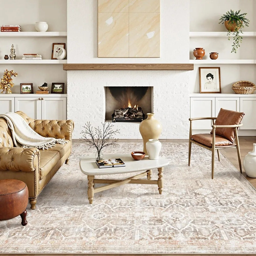 Large Area Rug for Living Room 10x14, Machine Washable Neutral Oriental Farmhouse Rugs for Bedroom, Soft Non-Slip Low Pile Indo