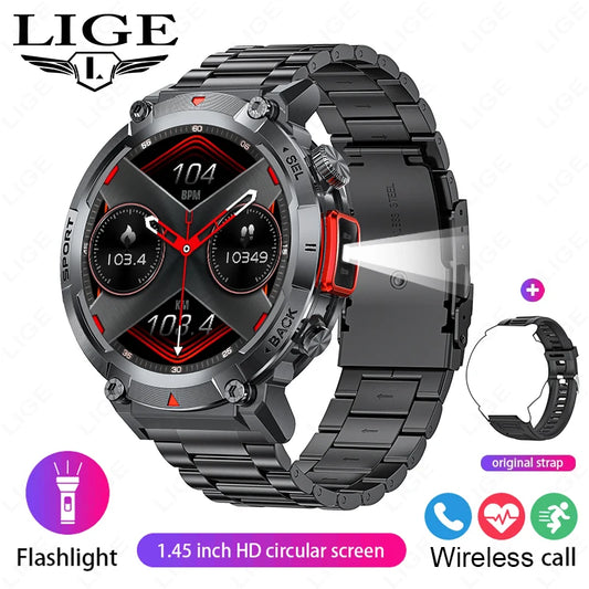 LIGE Smart Watch 3ATM Waterproof Original Design For Men Bluetooth Call Health Monitor With Flashlight 100+ Sports Modes Watches