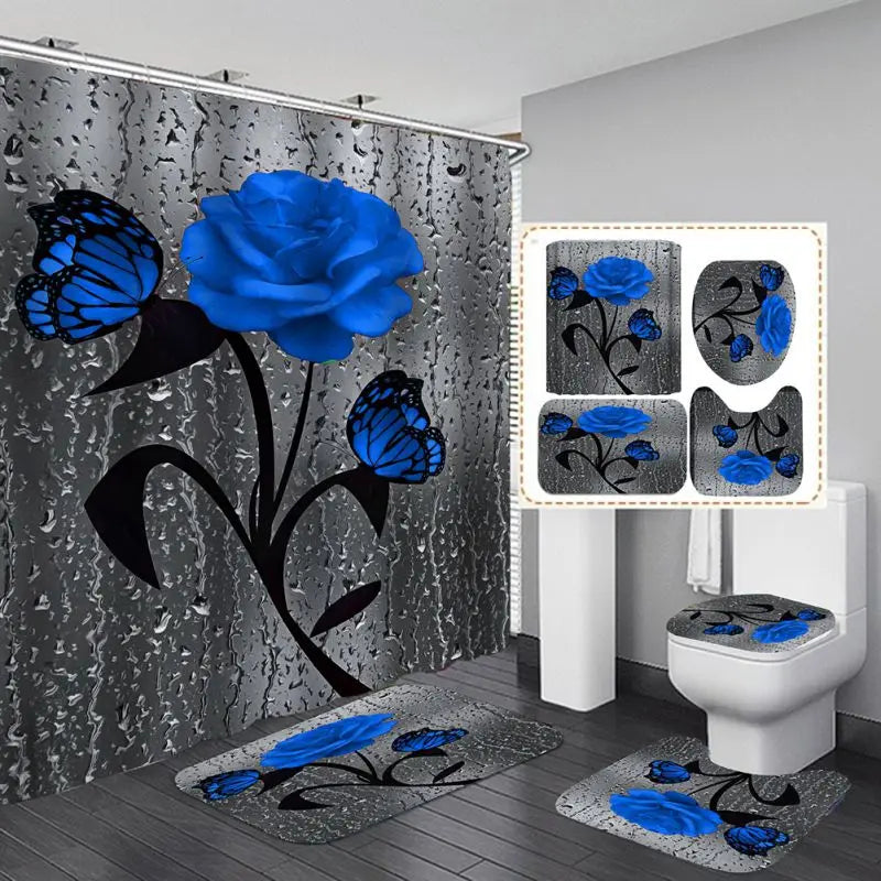 4 Piece Set Doormat Shower Curtain Non Slip Rugs Toilet Seat Cover Bath Carpet Durable Waterproof Bathroom Home Entrance Decor